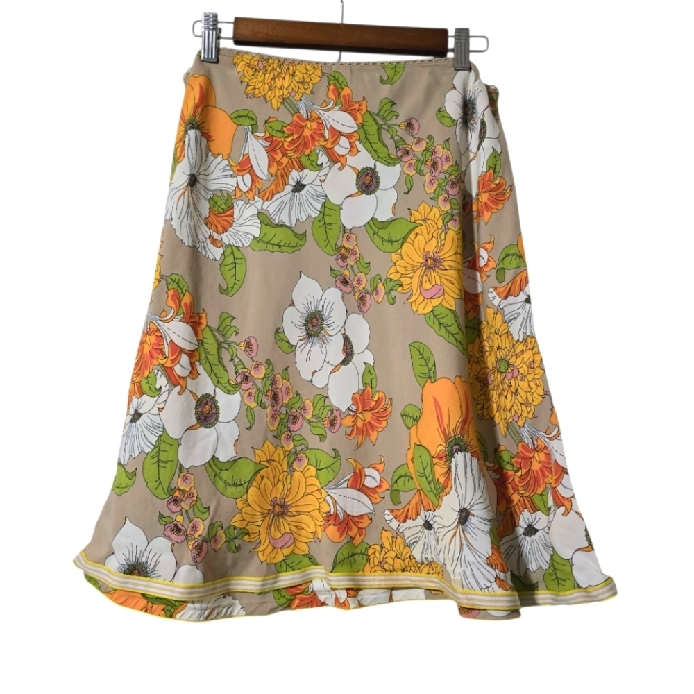Vintage Retro 70s Floral A-Line Skirt Orange Green Boho Size 14-20W - Picture 3 of 5
